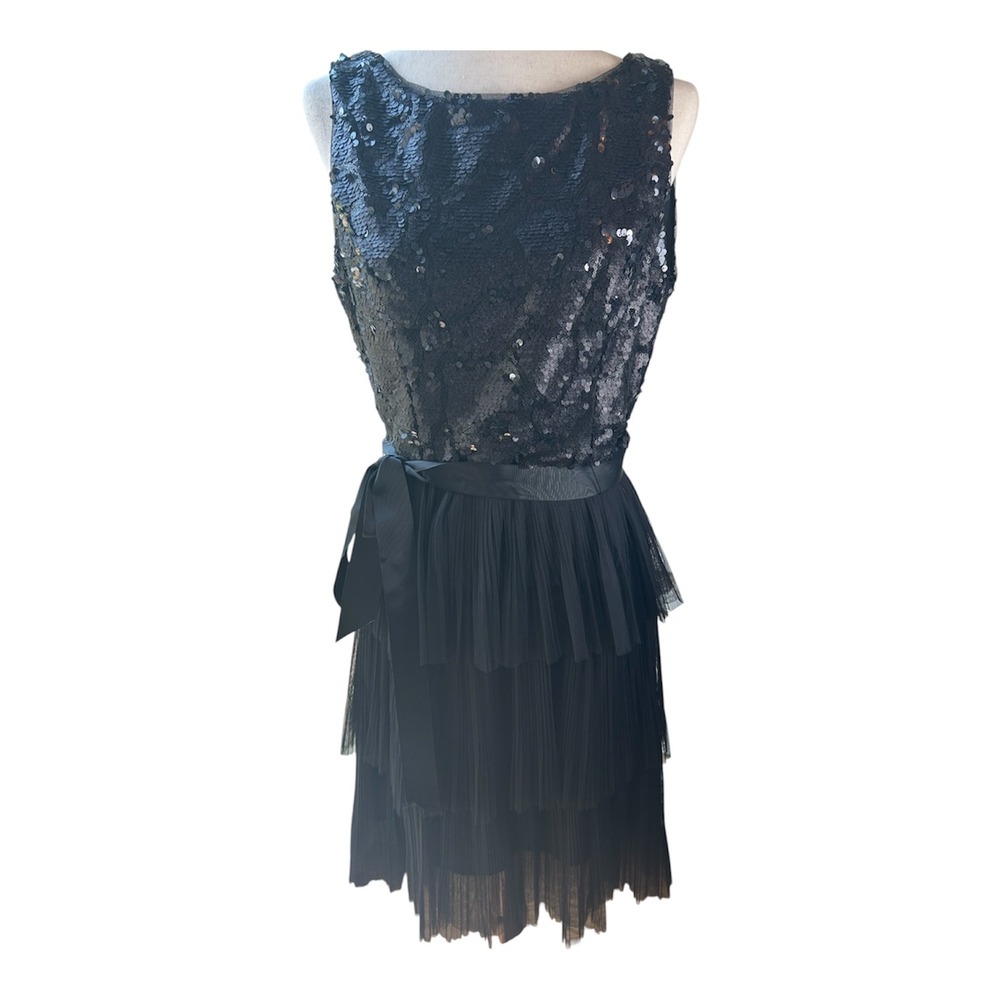 Marina Couture Cocktail Dress Women 10 Black Sequin Tulle Tiered Sleeveless